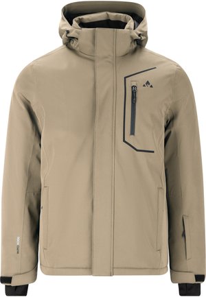 Beige wasserdichte Jacke mit Kapuze, mit Reißverschluss versehenem Brusttasche, zwei seitlichen Taschen und schwarzen Akzenten an den Taschennähten und Manschetten.