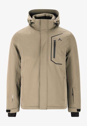 Beige waterdichte jas met een capuchon, een ritsborstzak, twee zijzakken en zwarte accenten op de zaknaden en manchetten.