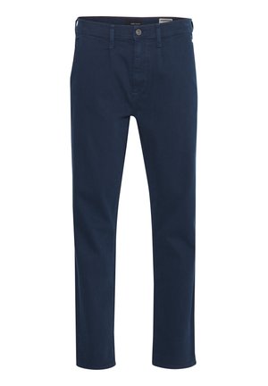 Mørkeblå bukser lavet af bomuldsblanding. Slim fit med knaplukning, featuring forlommer og en glat tekstur.