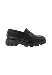 Schwarze Lederloafers mit einem breiten Riemen über dem Obermaterial, robuster Gummisohle und runder Zehenform. Glatte Oberfläche mit subtilen Nähdetails.