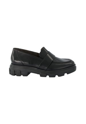 Mocassins en cuir noir avec une large sangle sur le dessus, semelle en caoutchouc épaisse et bout rond. Fini lisse avec des détails de couture subtils.
