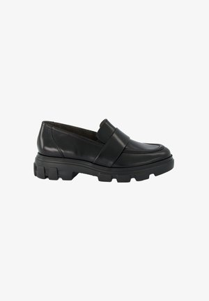 Črne usnjene loafers čevlje s širokim pasom preko zgornjega dela, debele gumijaste podplate in zaobljenim prstom. Gladka površina z diskretnimi šivi.