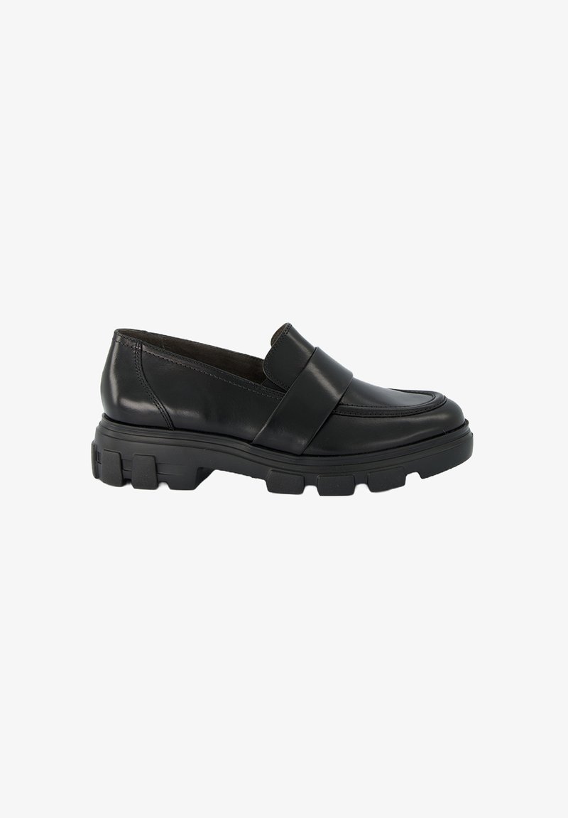 Schwarze Lederloafers mit einem breiten Riemen über dem Obermaterial, robuster Gummisohle und runder Zehenform. Glatte Oberfläche mit subtilen Nähdetails.