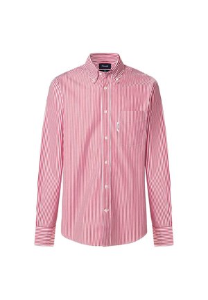 Camicia a righe rosse e bianche con colletto classico, maniche lunghe e una tasca sul petto. Tessuto dalla texture liscia.