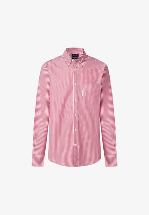 Rot-weiße gestreifte Hemd mit Knöpfen, klassischem Kragen, langen Ärmeln und einer Brusttasche. Glatte Stofftextur.