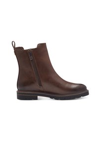 Botte chelsea en cuir marron avec une texture lisse, fermeture éclair sur le côté et languette de tirage. Présente un profil bas et des coutures contrastantes sur une semelle en caoutchouc.