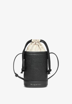 Zwarte geweven bucketbag met beige touwtje bovenkant van stof, leren bodem, schouderriem en "bugatti" logo aan de voorkant.