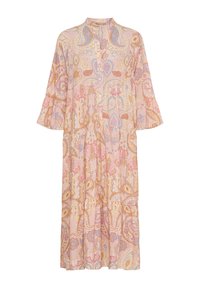 Trykt maxikjole i lys rosa med paisley- og blomstertrykt, har krave, knaplukning foran og flagrende ærmer. Løs pasform.