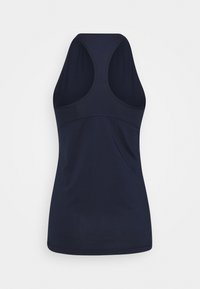 Débardeur de sport bleu marine à dos nageur avec tissu en maille respirante, présenté de dos sur fond blanc.