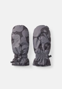 Mittens grigi con motivo floreale, realizzati in materiale morbido e resistente all'acqua. Presentano un polsino elasticizzato e un cordino per una vestibilità sicura.