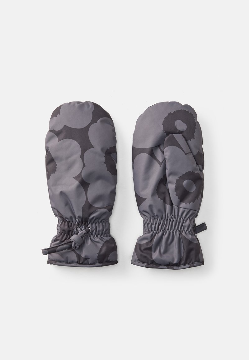 Mittens grigi con motivo floreale, realizzati in materiale morbido e resistente all'acqua. Presentano un polsino elasticizzato e un cordino per una vestibilità sicura.