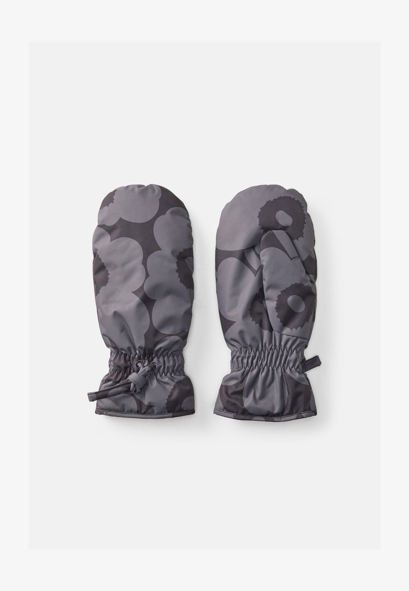 Mittens grigi con motivo floreale, realizzati in materiale morbido e resistente all'acqua. Presentano un polsino elasticizzato e un cordino per una vestibilità sicura.
