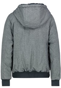 Graue gepolsterte Jacke mit Kapuze, aus einem strukturierten Stoff, mit geripptem Bund und Bündchen. Die Rückansicht zeigt minimale Nähdetails.