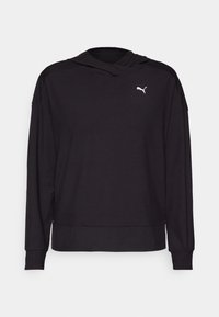 Svart langermet hettegenser laget av mykt stoff, med en avslappet passform, PUMA-logo i hvitt på brystet og ribbestrikkede mansjetter.