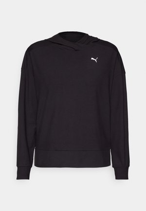 Black long-sleeve hooded sweatshirt made of soft fabric, featuring a relaxed fit, PUMA logo in white on the chest, and ribbed cuffs.