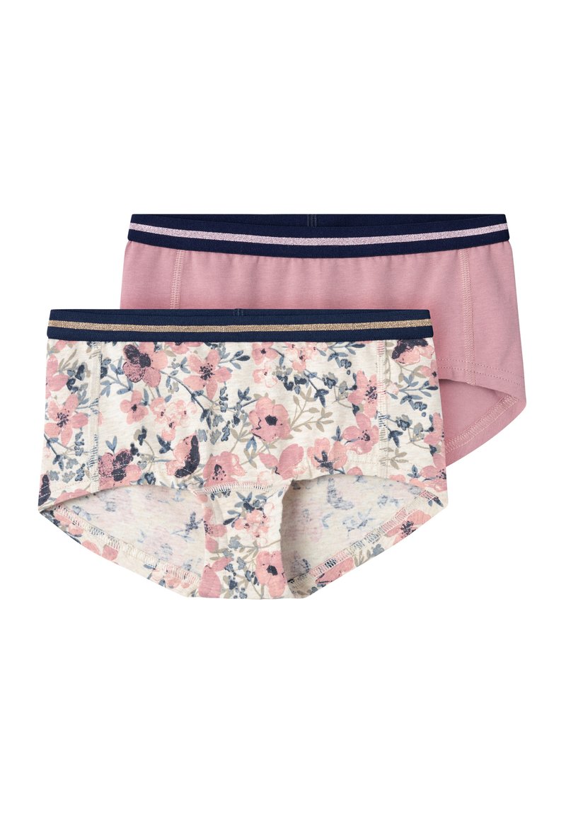 Dos pares de ropa interior femenina: uno rosa sólido, otro con un patrón floral en rosa, azul marino y crema, ambos con cinturas elásticas en azul marino.