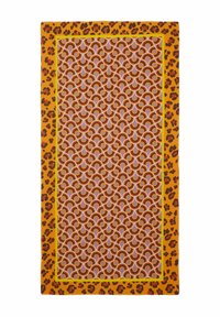Strandtuch aus Baumwolle mit einem orangefarbenen Leopardenmuster am Rand und einem zentralen Muster aus abwechselnden Halbkreisen in Pastellfarben.