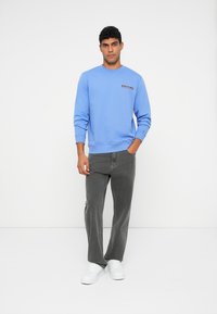 Ανοιχτό μπλε sweatshirt με λοξό μανίκι, που διαθέτει μια μικρή πολύχρωμη γραφική απεικόνιση στο στήθος. Φοριέται με γκρι τζιν και λευκά αθλητικά παπούτσια.