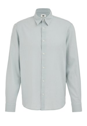 Lichtgrijs overhemd met lange mouwen, een puntkraag, knopen aan de voorkant en knoopmanchetten, weergegeven op een witte achtergrond.