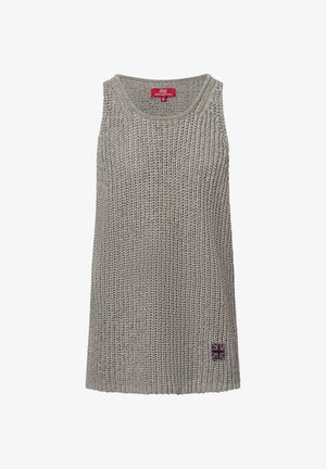 Gray knitted tank top with a round neckline, featuring a loose texture and a small Union Jack patch on the bottom right.