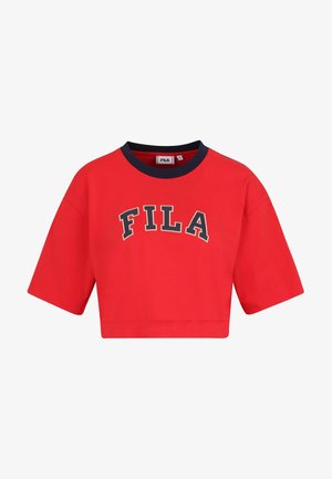 Red cropped t-shirt made of cotton, featuring a round navy collar and bold "FILA" logo in white and navy across the front. Short sleeves.