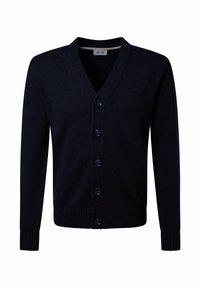Dunkelblauer, gestrickter Cardigan mit langen Ärmeln, fünf Knöpfen vorne, gerippten Bündchen und V-Ausschnitt.