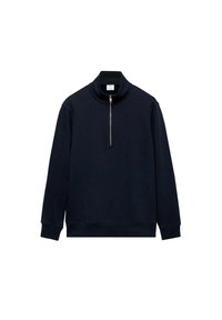 Pullover blu navy con colletto alto, zip a un quarto e polsini a costine. Texture liscia con design minimale, adatto per stratificare.