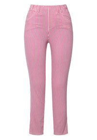Roze en witte gestreepte broek met een slim fit ontwerp, voorzien van een middelhoge tailleband en twee voorkeuzes. Glad textuur, elastische stof.