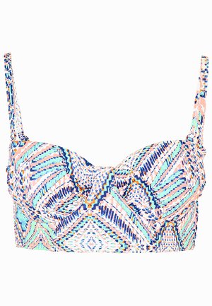 Top de bikini multicolor con un patrón geométrico en tonos pastel de azul, coral y blanco. Tela suave con tirantes ajustables y detalle fruncido en el centro.