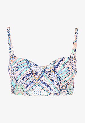 Top de bikini multicolor con un patrón geométrico en tonos pastel de azul, coral y blanco. Tela suave con tirantes ajustables y detalle fruncido en el centro.