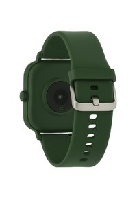 Groene siliconen smartwatch met een vierkante wijzerplaat, een ronde sensor aan de achterkant en een zilveren metalen gesp. Heeft een verstelbare band met gaten.
