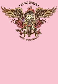 Grafik med en karaktär med vingar på en motorcykel, omgiven av rosor. Texten säger "Kärlek Gör Ont" och "Los Angeles" mot en rosa bakgrund.