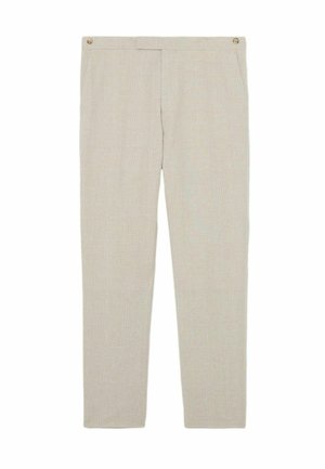 Pantaloni beige aderenti con motivo a quadretti discreto, tasche frontali e dettagli con bottoni in vita.