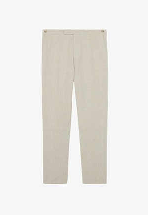 Beežid kitsad püksid peene ruudumustriga, esimesed taskud ja nööpide detailid vöörihmadel.