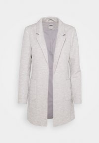 Světlé šedé sako vyrobené z texturované látky, se zářezovým límcem, dvěma předními kapsami a otevřeným předním dílem bez zapínání.