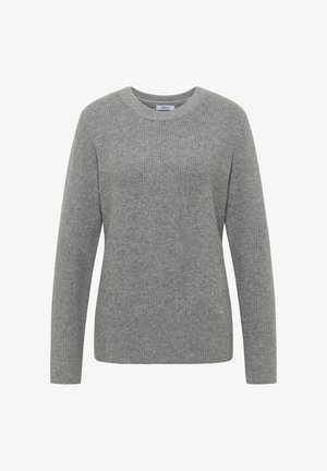 Grijze gebreide trui met een ronde halslijn, lange mouwen en een textuurpatroon. Gemaakt van een zachte, middelzware stof.
