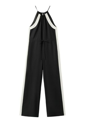 Mono negro de pierna ancha con paneles laterales blancos, escote halter, cintura ajustable con lazada y tirantes finos.