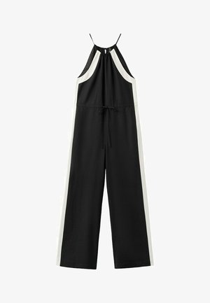 Czarny kombinezon z szerokimi nogawkami, białymi panelami po bokach, dekoltem halter, regulowanym wiązaniem w talii i cienkimi ramiączkami.