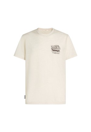 Off-white kortærmet t-shirt med et lille geometrisk bjerg- og linjegrafik på venstre brystlommeområde og teksten "icebreaker".