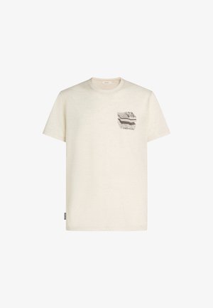 Off-white kortærmet t-shirt med et lille geometrisk bjerg- og linjegrafik på venstre brystlommeområde og teksten "icebreaker".