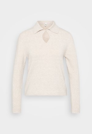 Knit pullover in light beige with a collar, keyhole neckline cutout, and long sleeves; textured, soft fabric with a relaxed fit.