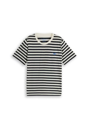 T-shirt à manches courtes rayé noir et blanc horizontalement avec un petit oiseau bleu brodé sur le côté gauche de la poitrine.