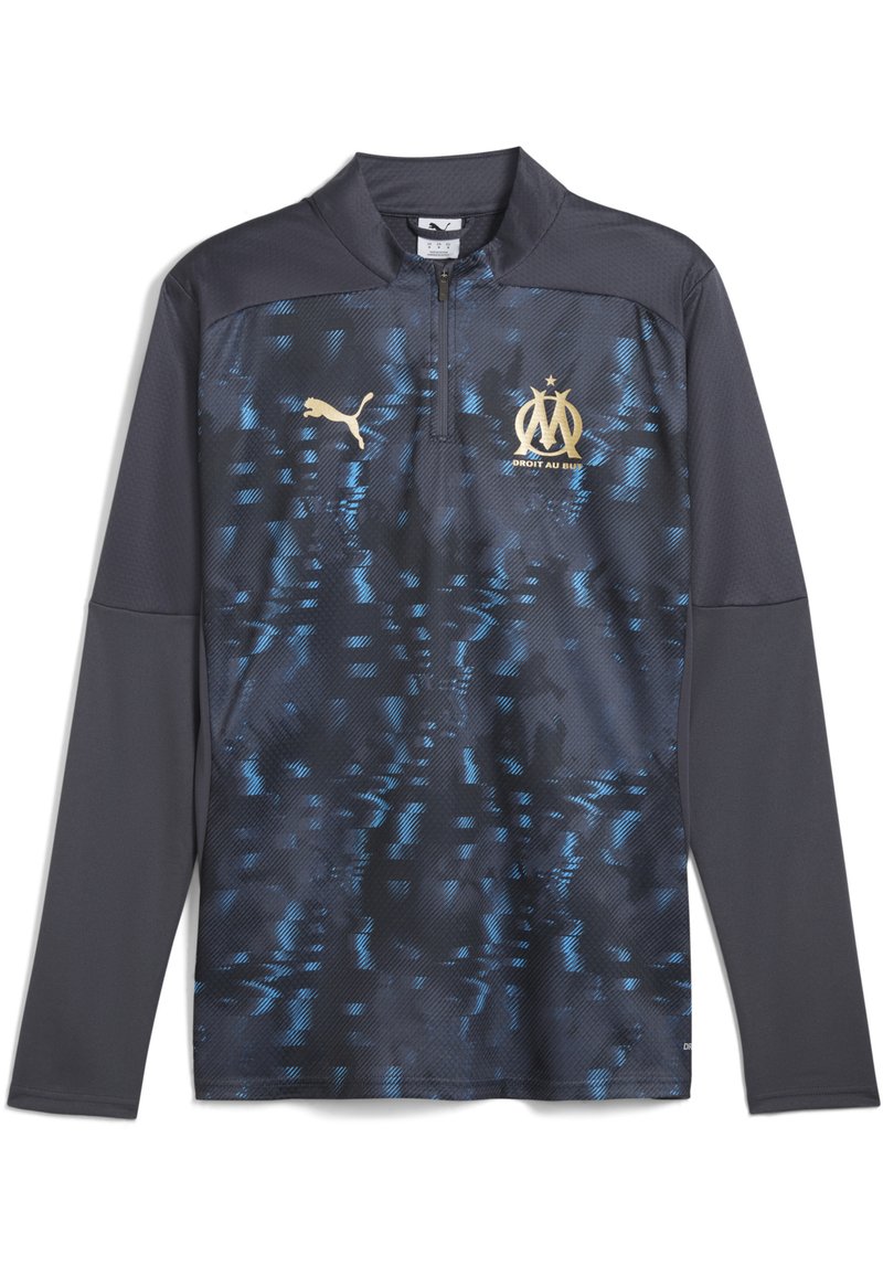 Puma sportieve lange mouwen shirt, marineblauw met een textuurpatroon en lichterblauwe accenten, voorzien van een halve rits kraag en gouden logo details.