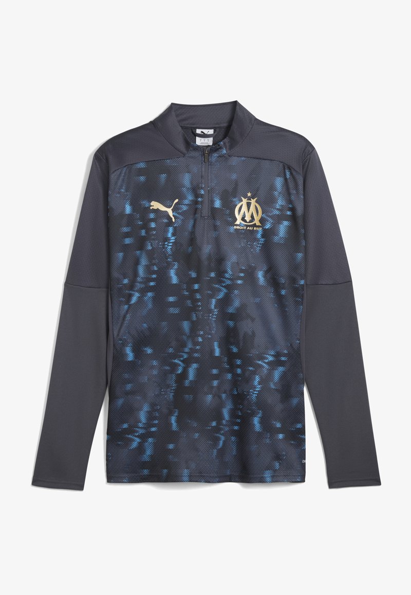 Puma sportieve lange mouwen shirt, marineblauw met een textuurpatroon en lichterblauwe accenten, voorzien van een halve rits kraag en gouden logo details.