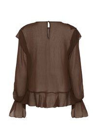 Brown sheer blouse with long sleeves and ruffled hem. Features a keyhole back closure and soft, lightweight fabric texture.