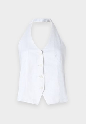 Biała bluzka na ramiączkach wykonana z lnu. Posiada głęboki dekolt w kształcie litery V, cztery guziki z przodu oraz elastyczny tył dla lepszego dopasowania.