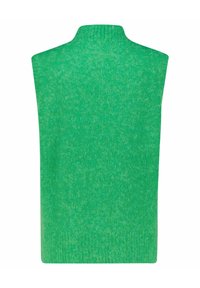 Pull sans manches vert tricoté avec col roulé et ourlet côtelés, vu de dos.