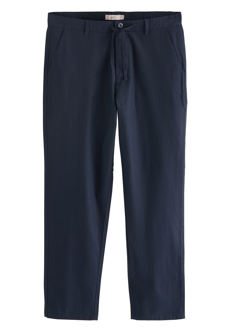 Tumesinised kergekaalulised püksid, valmistatud pehmest kangast. Varustatud nööpkinnituse, esi taskute ja paelaga vöökohaga. Lõigatud sirgete jalgadega.