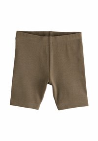 Shorts marroni a coste elasticizzati con una vita elasticizzata e una vestibilità aderente. Il tessuto è testurizzato, con strisce verticali su tutta la superficie.