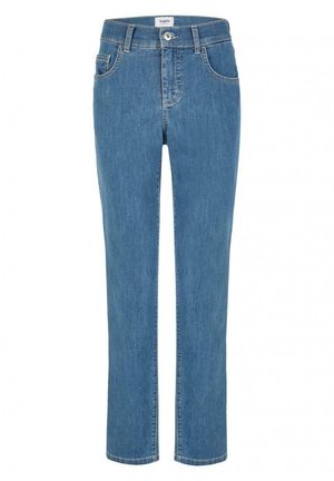 Jean bleu à coupe droite avec bouton et fermeture éclair à l'avant, poches avant et passants de ceinture, présenté sur fond blanc.